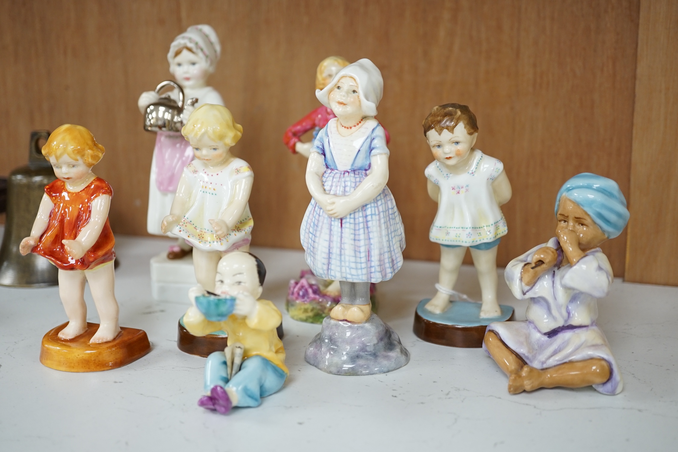 Royal Worcester Doughty figures, Nations included, tallest 'Polly put the kettle on', 15cm high. Condition - fair to good